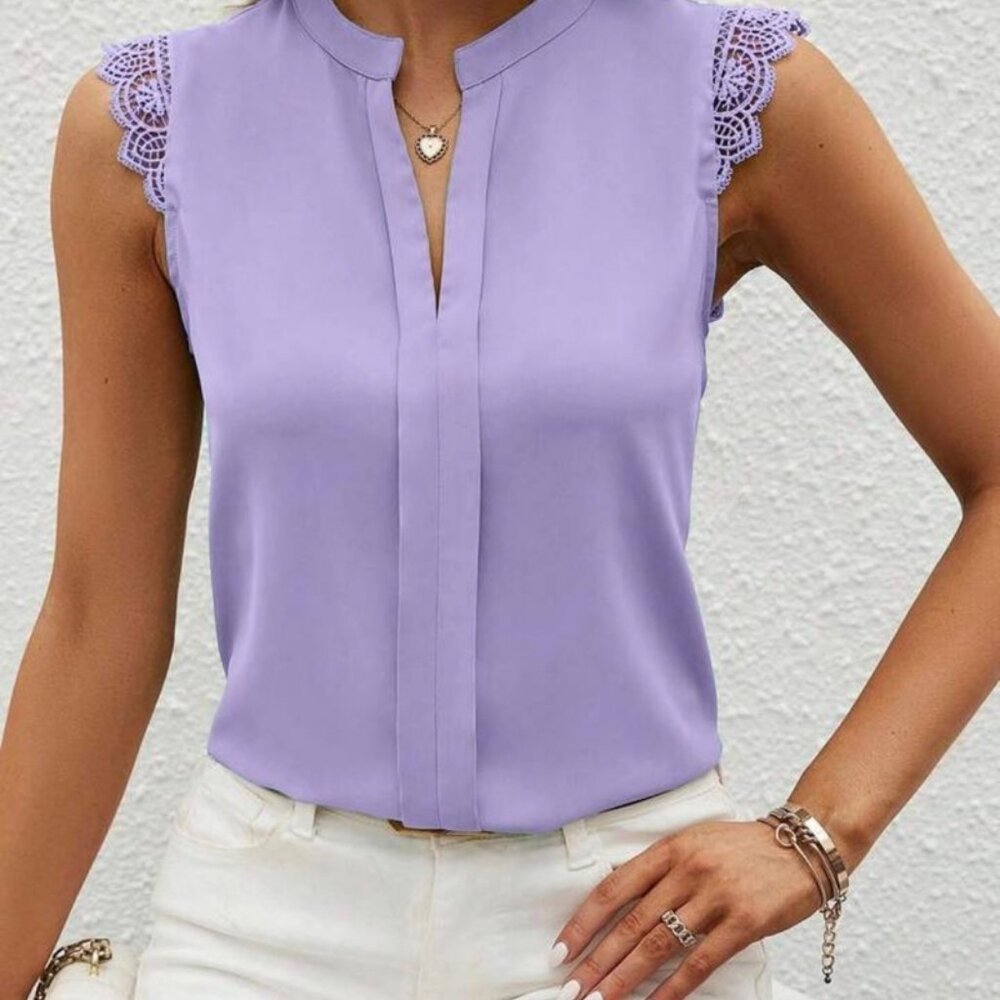SHEIN New Small Lavendar Purple Sleeveless Blouse V-Neck Lightweight Lace Caps